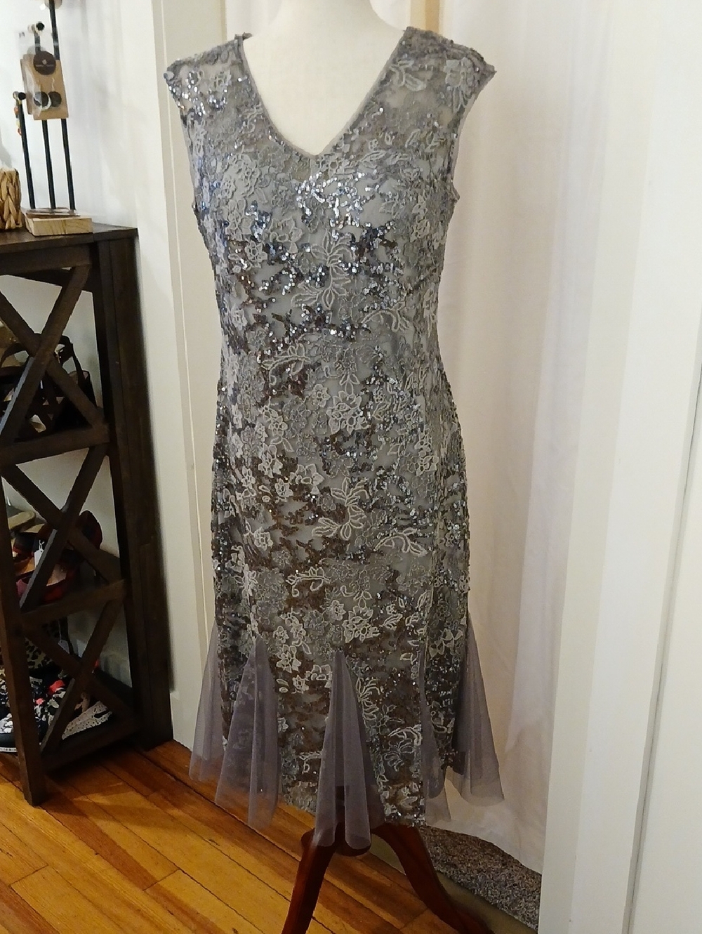 Alex Evenings Silver-Gray Sequin Lace Midi Dress